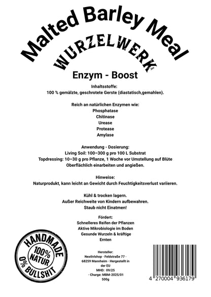 Rückseite des Wurzelwerk Malted Barley Meal mit Dosierung und Hinweisen zur Anwendung als Enzymtee