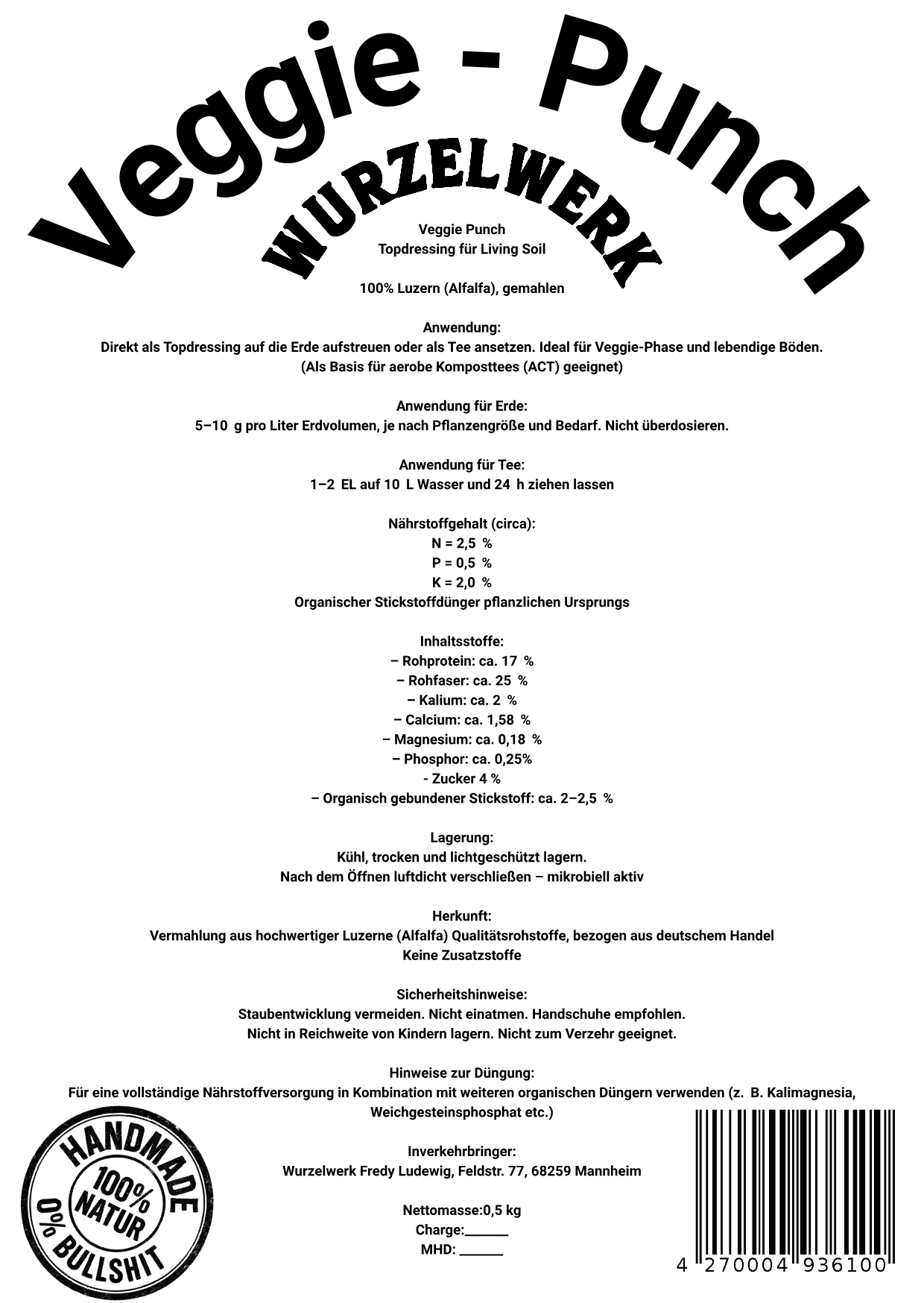 Rückseite des Wurzelwerk VeggiePunch mit Anwendungsempfehlung und Dosierung für Living Soil