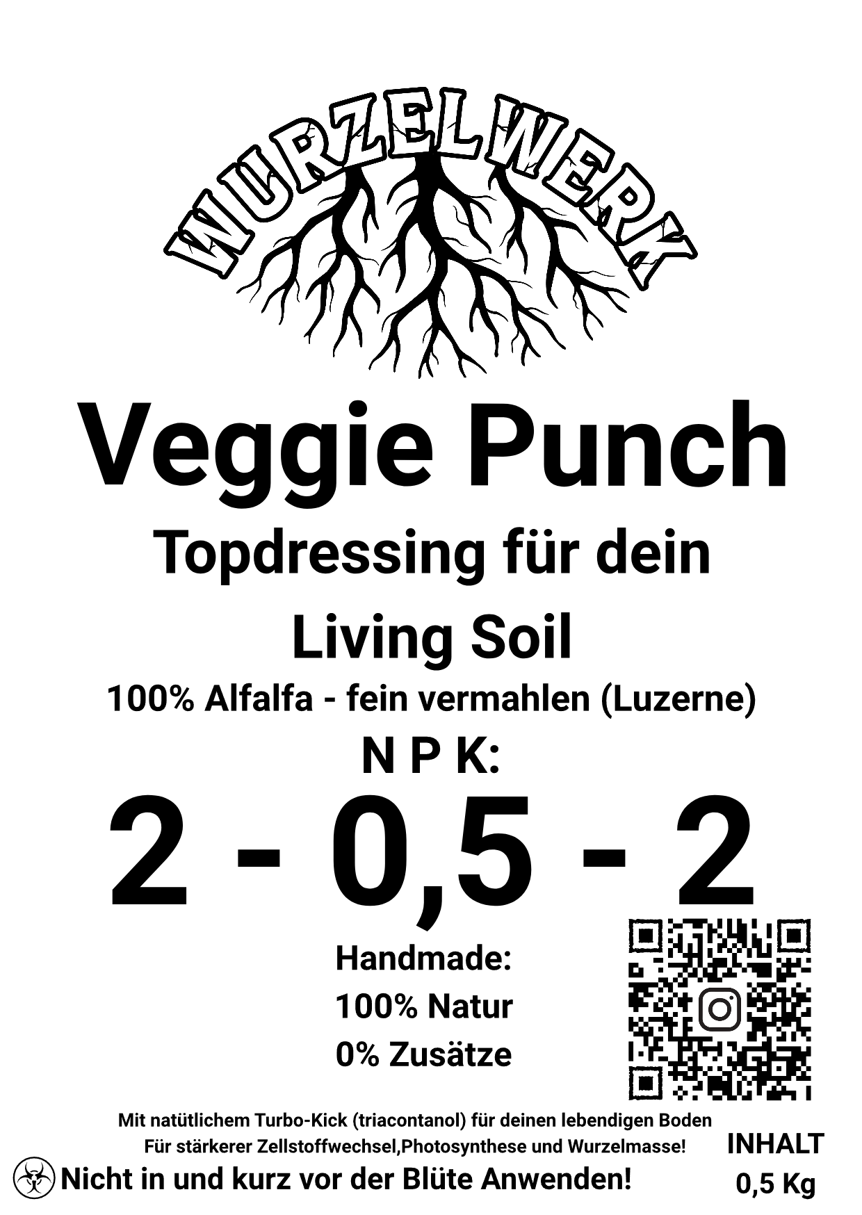 Etikett des Wurzelwerk VeggiePunch – organischer Dünger aus Alfalfa Meal (Luzerne) für die Wachstumsphase