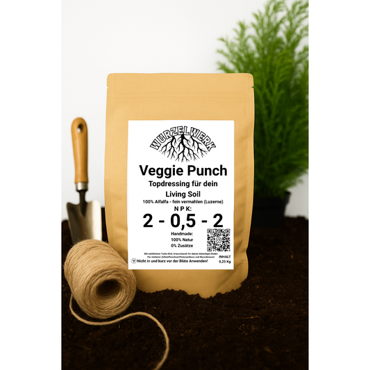 Wurzelwerk Veggie Punch – Alfalfa-Mehl als organischer Stickstoff- und Kaliumdünger für Living Soil.